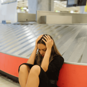 Pasajero esperando en el aeropuerto por vuelo no europeo que llega a la UE